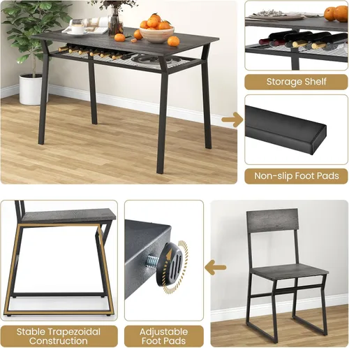 Miniatura 3 de GOFLAME Juego de mesa de comedor de 5 piezas, juego de comedor para 4 personas con marco de metal resistente, estante de almacenamiento, mesa