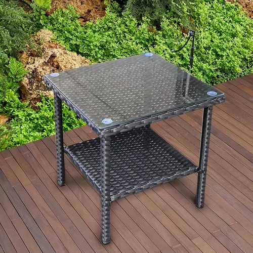 Valita Mesa auxiliar de mimbre PE al aire libre con tapa de vidrio para jardín, junto a la piscina, muebles de ratán para patio, mesa auxiliar, Negro