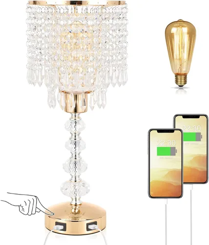 Miniatura 8 de Lámpara de mesa de cristal con control táctil, regulable de 3 vías, lámpara pequeña para mesita de noche con 2 puertos de carga USB, lámpara de mesa