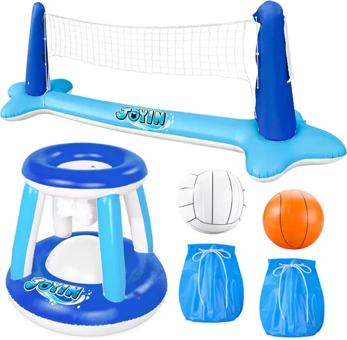 Miniatura 14 de JOYIN Juego de flotador de piscina inflable con red de voleibol y aros de baloncesto; bolas incluidas para niños y adultos, juego de piscina