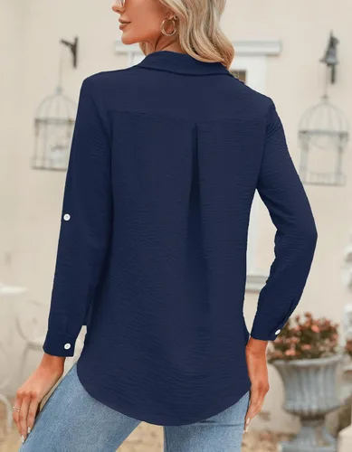 Miniatura 66 de Odosalii - Camisas con botones para mujer, con cuello en V, manga larga, enrolladas, blusas elegantes y formales para negocios y ocasiones casuales