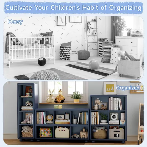 Miniatura 8 de Estantería para niños, estantería grande de madera con almacenamiento de 6 cubos, organizador de almacenamiento de juguetes para niñas con pintura