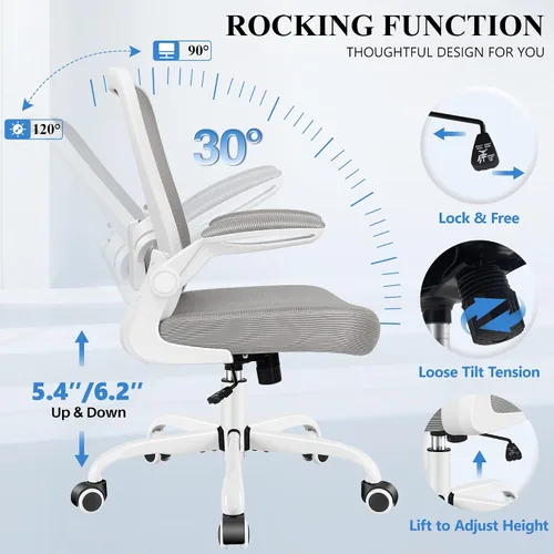 Miniatura 4 de FelixKing Silla de oficina, silla de escritorio ergonómica, sillas de malla transpirable, respaldo alto, soporte lumbar ajustable, reposabrazos Gris