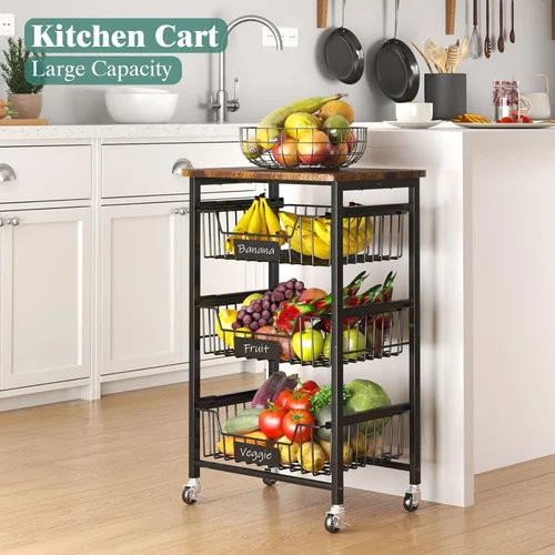 Miniatura 2 de CHLORYARD Cesta de frutas y verduras de 4 niveles, carrito rodante con ruedas con cestas extraíbles y parte superior de madera para cocina, comedor