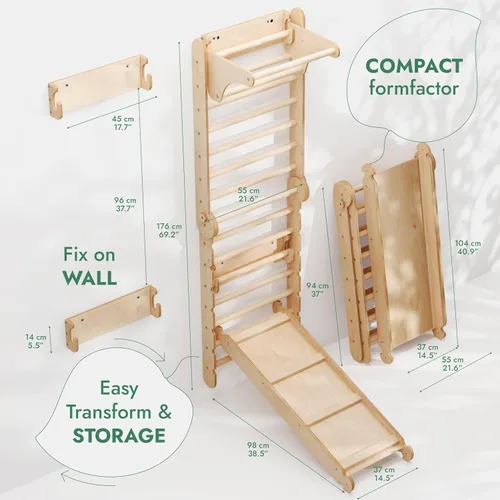 Miniatura 5 de Zona de juegos interior 6 en 1 para niños, pared sueca de madera, escalera de escalada, tobogán, columpio, anillos de gimnasia, pared de escalada