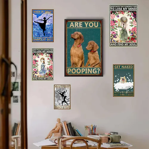 Miniatura 5 de LIUAXICIA Letreros divertidos de hojalata con texto en inglés "Dog are You Pooping", decoración de pared para baño, baño, decoración para amantes