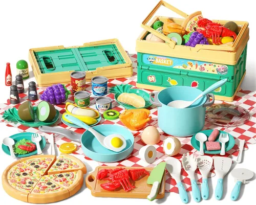 Miniatura 11 de Juego de cocina de 130 piezas, ollas de juego de cocina para niños, sartenes, utensilios de cocina, alimentos diarios, frutas y verduras, cesta