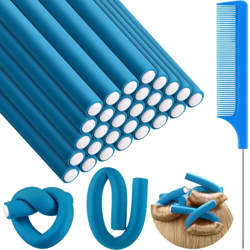 Syhood 30 Piezas Varillas Rizadoras Flexibles Rodillos de Cabello Twist Varillas de Espuma Suave Sin Calor y 1 Pieza Peine Cola de Rata de Acero