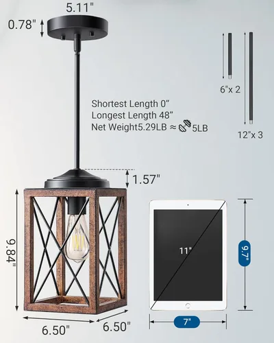 Miniatura 2 de DEWENWILS Lámpara colgante de granja, lámpara colgante de metal con acabado de grano de madera, tubos ajustables de 48 pulgadas para techo plano