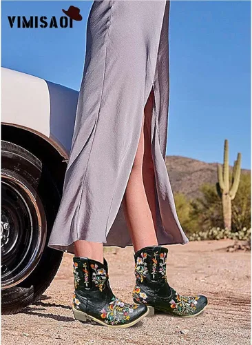 Miniatura 3 de Vimisaoi Botas de tobillo para mujer, estilo retro, puntiagudas, tacón medio, bordadas, vaquera occidental, botas vaqueras