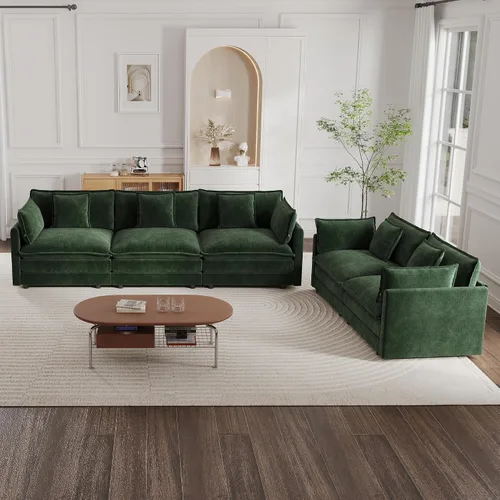 Miniatura 17 de mikibama Juego de sofá biplaza y sillón de lujo de 2 piezas, moderno juego de sofás nube tapizados de chenilla con 5 almohadas para sala de estar