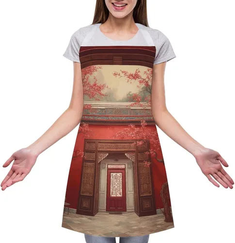 Miniatura 3 de MUSM Apron for Adults - 27.6 X 31.5 Inch, Heavy-Duty Polyester Aprons with Two Large Pockets, Waterproof Red Oriental Painting Kitchen Apron for