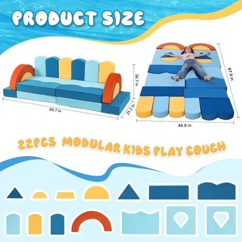 Miniatura 2 de Erament Sofá cama modular para niños pequeños, 22 piezas, sofá cama para sala de juegos, muebles convertibles con temática oceánica, sofá modular