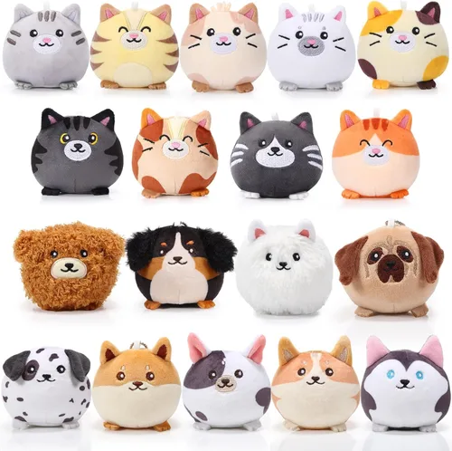Halloscume Juego de 18 mini animales de peluche a granel de gato cachorro de 3.15 pulgadas, juguetes para gatitos y perros, juego de llaveros para