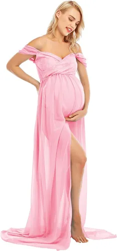Miniatura 4 de ZIUMUDY Vestido de gasa de maternidad con hombros descubiertos para sesión de fotos, vestido largo de encaje frontal dividido para fotografía