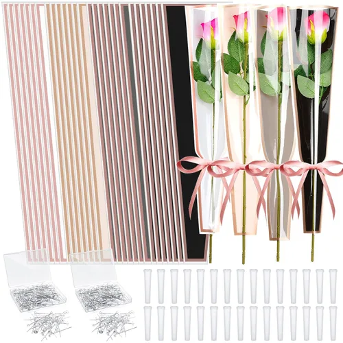 Outus Accesorios para ramo de flores, 200 unidades, fundas de rosas individuales con 200 tubos de agua florales y 200 pines de ramo de cabeza de