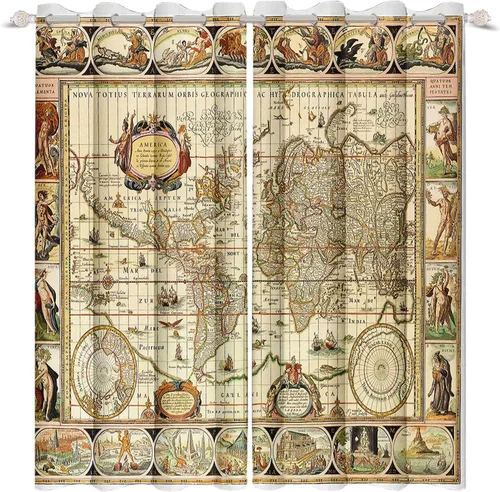 Miniatura 8 de Renaiss Juego de 2 paneles de cortinas para ventana de mapa del mundo de 29 x 45 pulgadas, diseño nostálgico de mapa de geografía