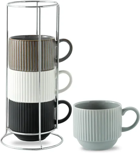 Miniatura 20 de Hasense Juego de tazas de café, juego de 4 tazas de té apilables con soporte - Juego de tazas grandes de cerámica acanaladas de 15 onzas para latte