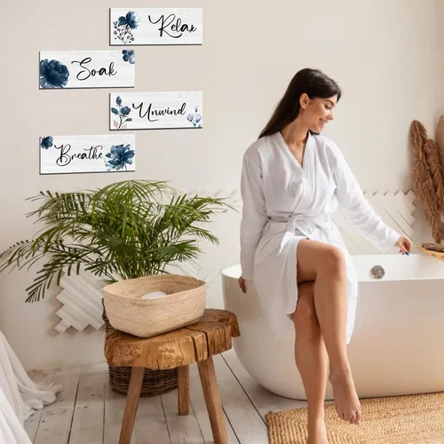 Miniatura 7 de 4 piezas de placa de pared grande para baño, decoración de pared de madera para baño, lavandería, baño, letrero colgante para el hogar, spa, Azul