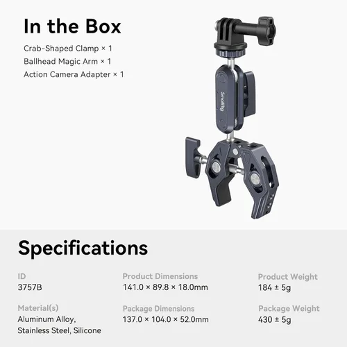 Miniatura 7 de SMALLRIG Abrazadera de montaje para cámara, brazo mágico de cabeza esférica y adaptador para Gopro, soporte para monitor de cámara con orificios