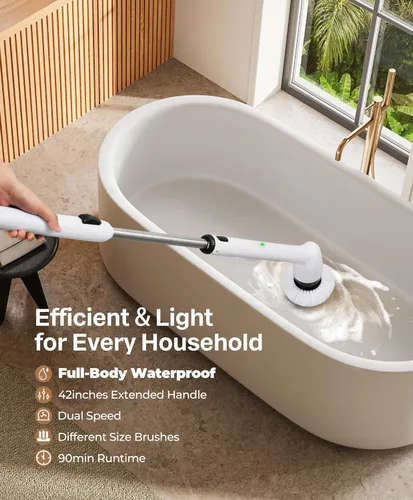 Miniatura 2 de LyriFine Limpiador eléctrico giratorio, nuevo cepillo limpiador de baño impermeable IPX7 de cuerpo completo, limpiador de ducha con mango largo y 2