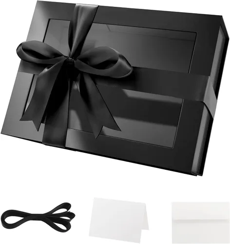 Packqueen Caja de regalo negra con tapa y ventana, 9x6.5x3.8 pulgadas, Caja de regalo transparente para regalo contiene cinta, tarjeta, caja de