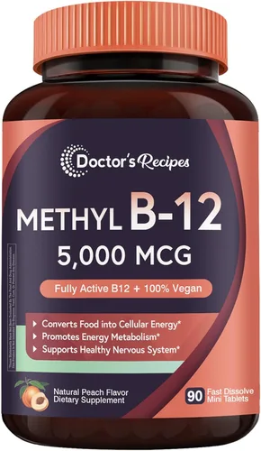 Doctor's Recipes Vitamina B12, metilcobalamina 5000 mcg 90 tabletas de disolución rápida, sabor natural a melocotón, metilo vegano, metabolismo