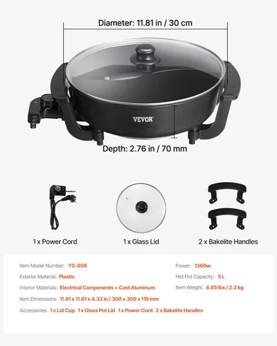 Miniatura 7 de VEVOR Olla caliente eléctrica, olla Shabu Shabu Shabu de doble sabor de 1360 W, 5 L, cocina eléctrica antiadherente con divisor, tapa de vidrio