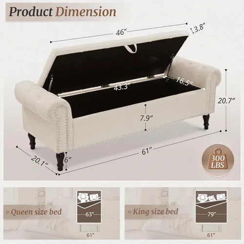Miniatura 3 de Cozyman Banco otomano de almacenamiento, banco de ventana con brazo enrollado de lino de 61 pulgadas, banco de ventana con botón copetudo y ribete