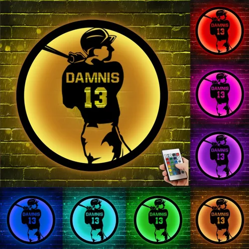 Miniatura 16 de Arte de Pared de Metal Personalizado de Béisbol con Bandera de EE.UU. con Luz LED, Letrero Personalizado con Nombre de Jugador de Sóftbol Americano