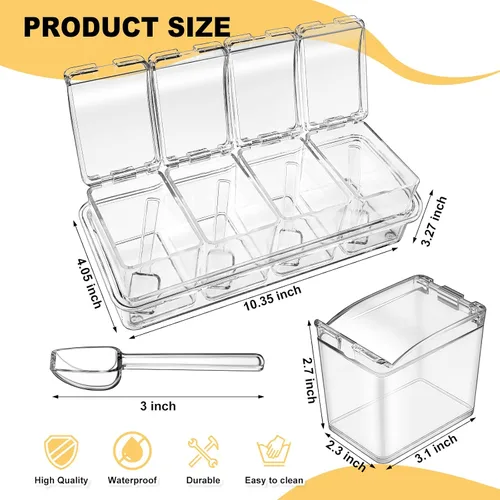 Miniatura 2 de Bokon Juego de 4 cajas de condimentos acrílicos con cucharas, 16 compartimentos, organizador de especias transparentes, recipientes de condimentos