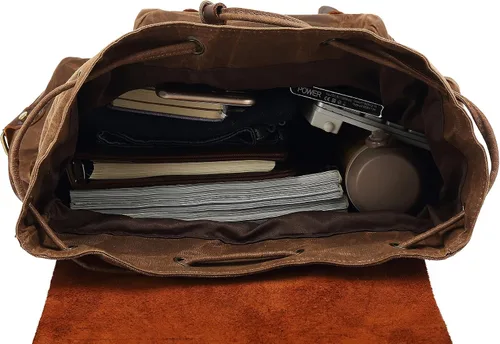 Miniatura 5 de HuaChen Mochila vintage de lona encerada con solapa de cuero genuino, mochila de viaje y trabajo, mochila resistente al agua con bolsillo antirrobo