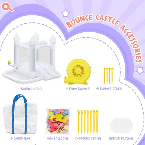 Miniatura 7 de FINCOME Casa inflable de rebote blanca, castillo inflable con doble tobogán de bolas de 370 W para niños pequeños, castillo inflable para interiores