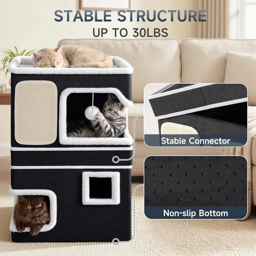 Miniatura 4 de Double Cat Beds for Indoor Cats, 2-Storey Cat House with Large Cozy Hideaways, Dual Purpose Cat Cave Cube with Scratch Pads, Fluffy Balls, Foldable