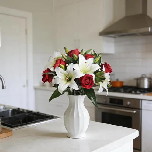 Miniatura 4 de HUAESIN Arreglos florales de seda, flores de lirio, ramo de rosas rojas artificiales de terciopelo para centros de mesa, mesas, decoración