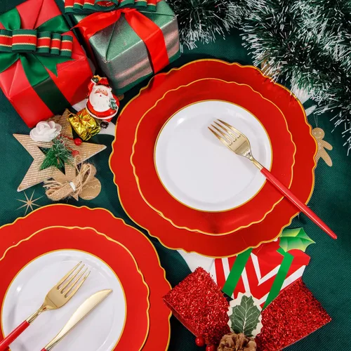 Miniatura 5 de WDF 30Guest - Platos de plástico rojo – cubiertos de plástico dorado con mango rojo – platos rojos desechables – Vajilla barroca de plástico