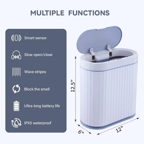 Miniatura 6 de ELPHECO Basurero de baño con tapa, contenedor de basura impermeable con sensor de 2.5 galones, cubo de basura con sensor de movimiento de 10 litros