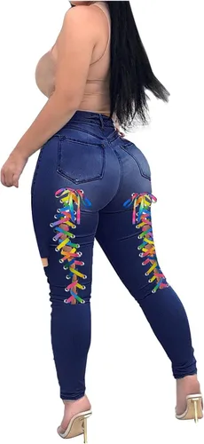 Correas de moda para mujer pantalones casuales de color pantalones de mezclilla ajustados sexy a rayas jeans para mujer para tallas grandes