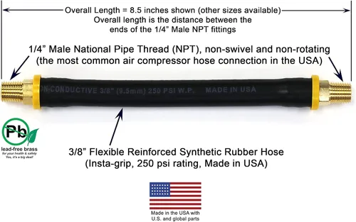 Miniatura 3 de Manguera corta de compresor de aire de 8.5 pulgadas: conexiones de 1/4" macho NPT a 1/4" macho NPT (latón libre de plomo)