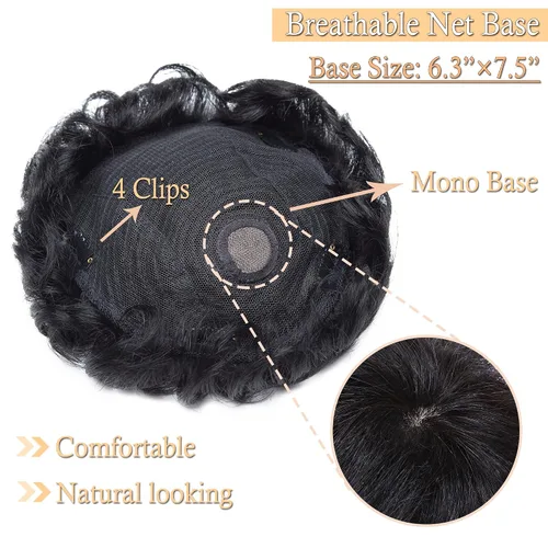 Miniatura 3 de SEGO Men's Toupee Human Hair Topper for Women With Short Hair 150% Density 16x19cm Mono Base 100% Human Hair 4 Inch Short Curly Hairpiece