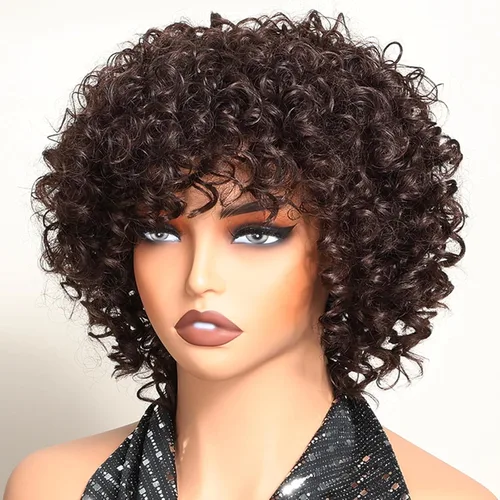 Miniatura 11 de Peluca rizada corta con flequillo peluca sintética afroamericana para mujeres negras, fibra sintética de alta temperatura, pelucas rizadas