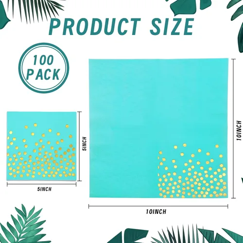 Miniatura 2 de 100 servilletas de cóctel color verde azulado – servilletas de papel verde azulado y dorado desechables – Servilletas turquesa para cumpleaños