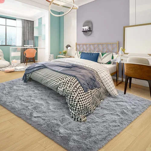Miniatura 2 de Alfombras grises ultrasuaves para dormitorio de 5 x 8 pies, alfombras de área tipo shag esponjosas para sala de estar, alfombra peluda grande