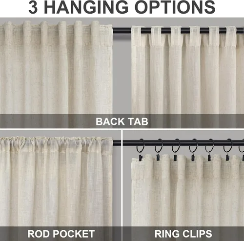 Miniatura 4 de Cortinas Largas de Lino de Lino 108 Pulgadas de Longitud para Sala de Estar 2 Paneles Bolsillo de Pestaña Trasera Cortinas Grandes para Ventana Saco