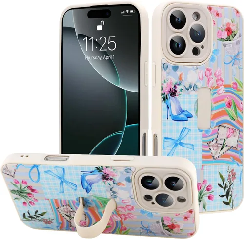 Miniatura 124 de Funda diseñada para iPhone 17 Pro Max con soporte plegable y correa para dedos, bonito patrón de lazo de corazón de flor rosa para mujeres y niñas