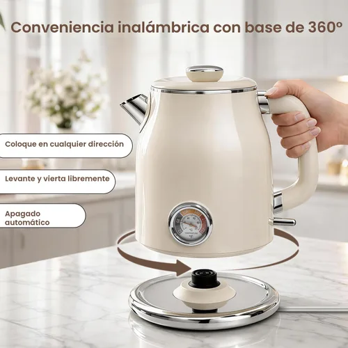 Miniatura 6 de Mecity Hervidor eléctrico retro 1.7L, interior de acero inoxidable, contacto de agua de silicona de grado alimenticio, doble pared fría al tacto
