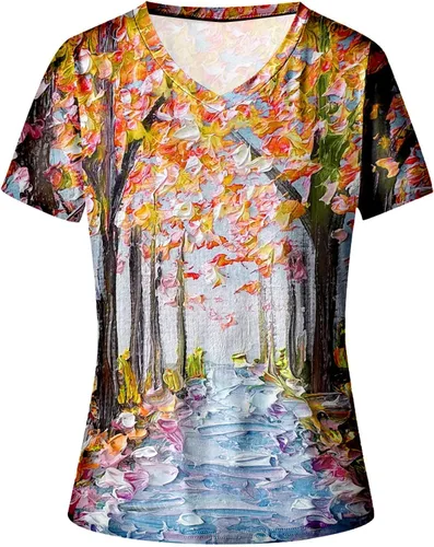 Miniatura 4 de ZZWXWA Shirts for Women Trendy Short Sleeve Tunic Blouse Floral Printed Pullover T-Shirt Crew-Neck Loose Tops Summer T-Shirt