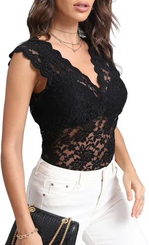 Miniatura 3 de LYANER Blusa sin mangas con cuello en V y encaje floral para mujer, Negro