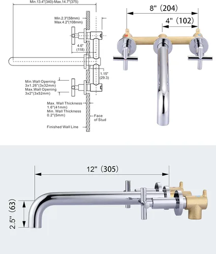 Miniatura 6 de ARCORA - Grifo cromado para bañera de montaje en pared, 2 asas cruzadas, grifo de bañera montado en la pared con válvula de latón áspero incluida