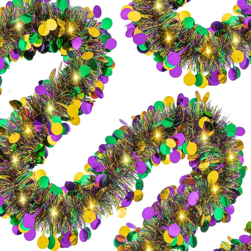 Miniatura 2 de Guirnalda de oropel de Mardi Gras de 20 pies/19.7 ft con luces LED, guirnalda metálica de oropel con pilas, guirnalda colgante de lámina colorida